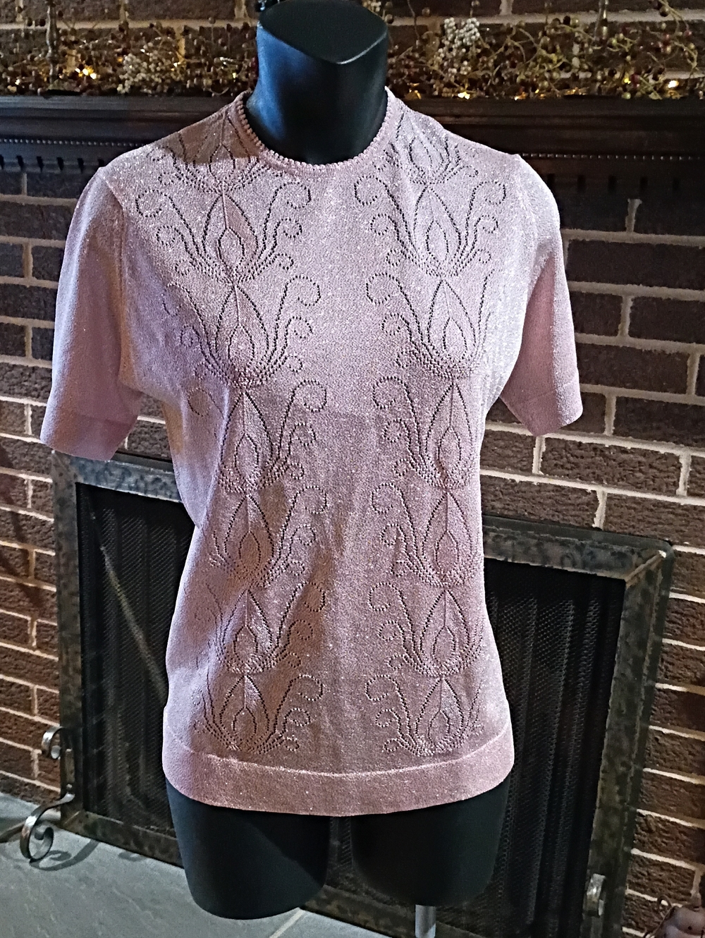 Vintage Women’s Sparkle Knit Short-Sleeve Top - Dusty Rose Made In Greece